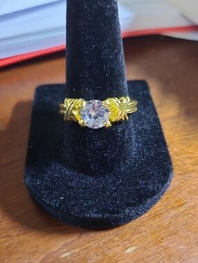 Gold-Tone Solitaire Ring with Clear Center Stone - Women Jewelry